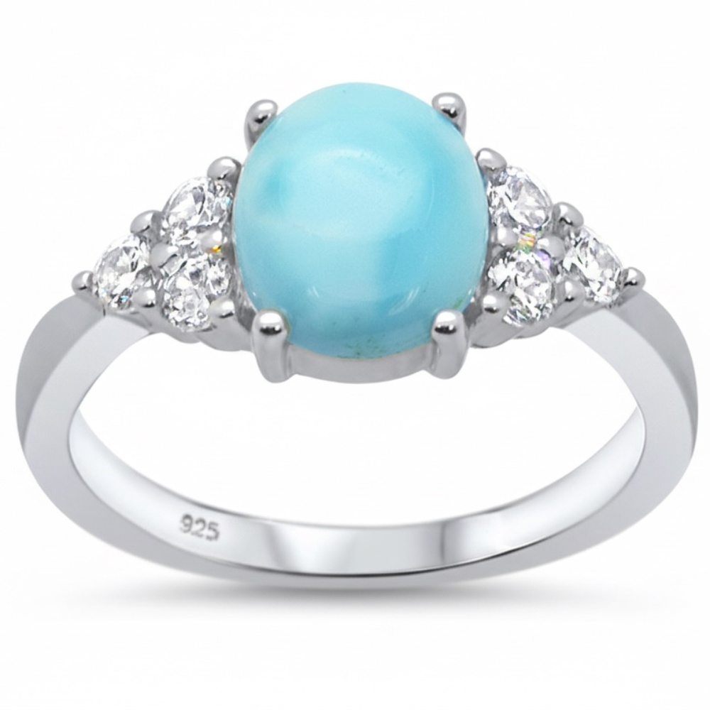 Womens Sterling Silver .925 Oval Shape Larimar Cubic Zirconia Ring Size 8